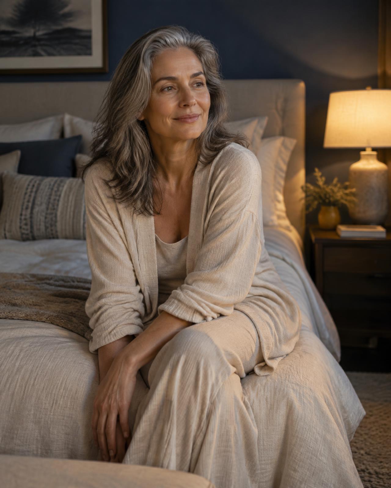 A woman in her fifties sitting on her bed in soft evening lamplight, smiling calmly